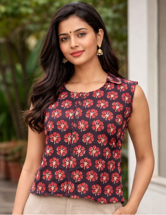 Dabu Print Crop Top Black Red Flowers