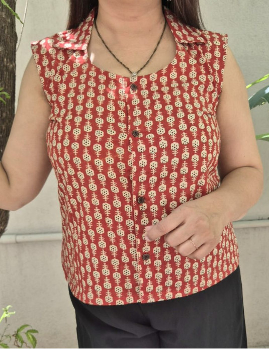 Dabu Print Crop Top Red Small Flowers