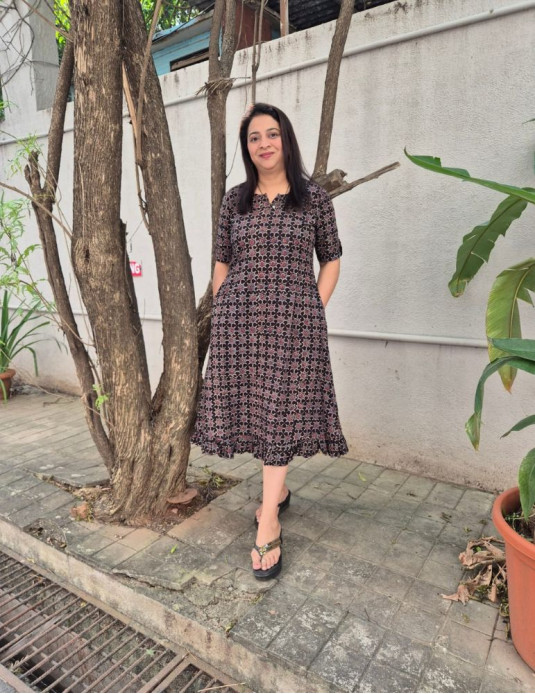 Cotton Ajrakh Frill Pattern Onepiece Black