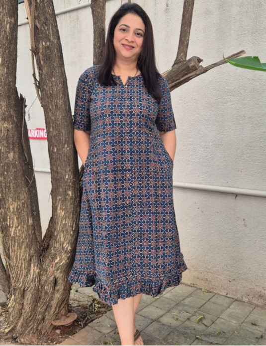 Cotton Ajrakh Frill Pattern Onepiece Blue