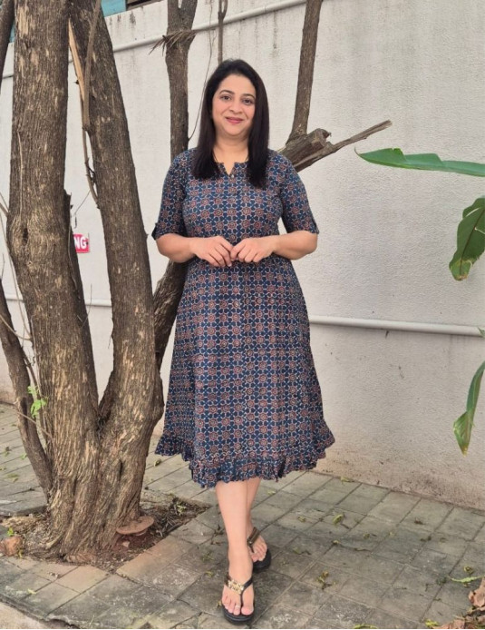 Cotton Ajrakh Frill Pattern Onepiece Blue