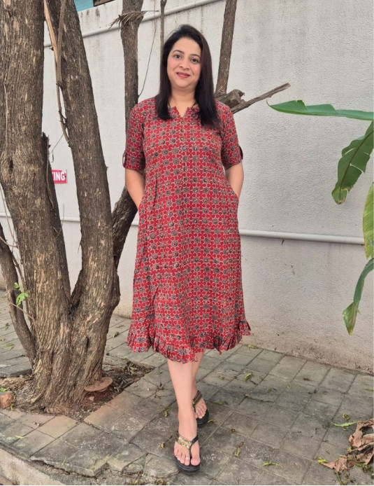 Cotton Ajrakh Frill Pattern Onepiece Red