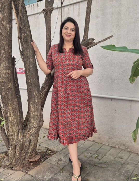 Cotton Ajrakh Frill Pattern Onepiece Red