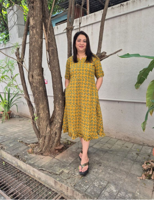 Cotton Ajrakh Frill Pattern Onepiece Yellow