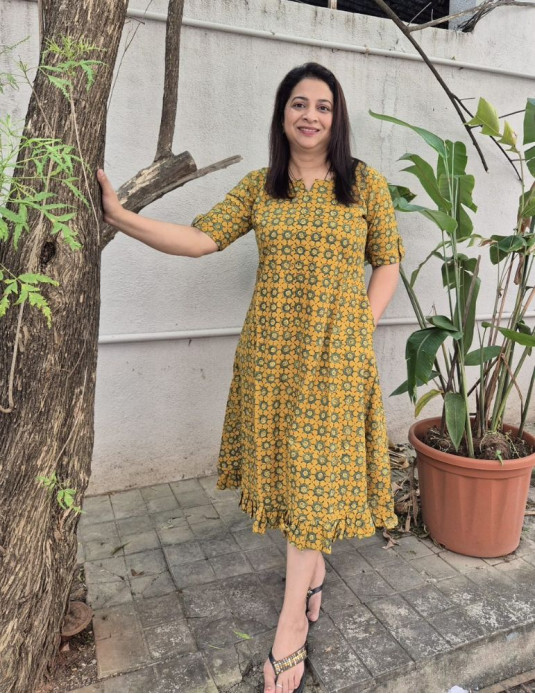 Cotton Ajrakh Frill Pattern Onepiece Yellow