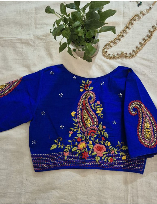 Hand Embroidery Paisley (Koyri) Pattern Handloom Cotton Blouse Royal Blue