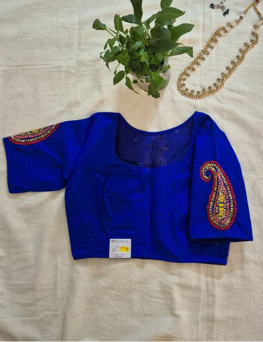 Hand Embroidery Paisley (Koyri) Pattern Handloom Cotton Blouse Royal Blue