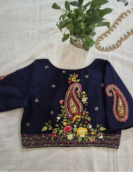 Hand Embroidery Paisley (Koyri) Pattern Handloom Cotton Blouse Dark Blue