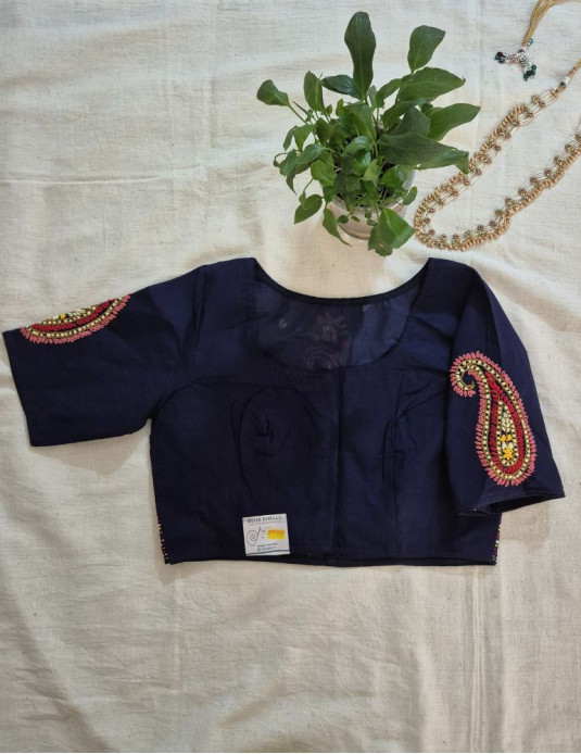 Hand Embroidery Paisley (Koyri) Pattern Handloom Cotton Blouse Dark Blue