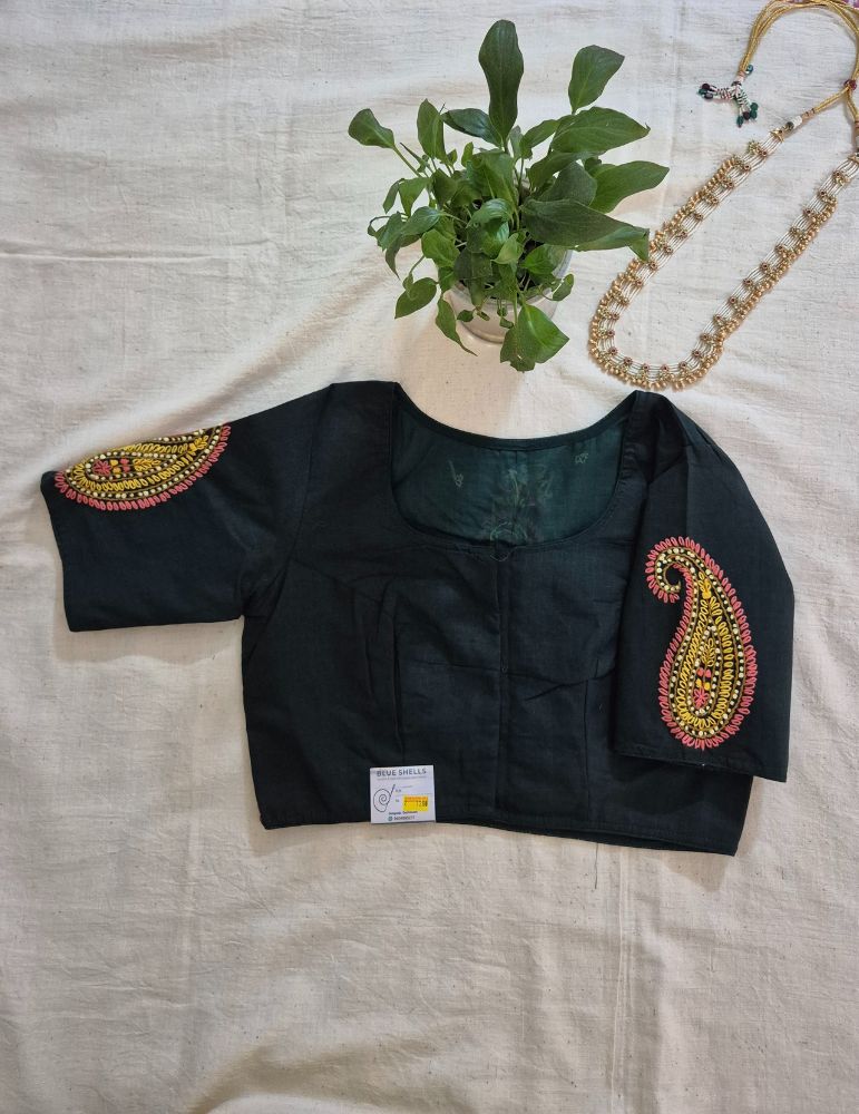 Hand Embroidery Paisley (Koyri) Pattern Handloom Cotton Blouse Dark Green