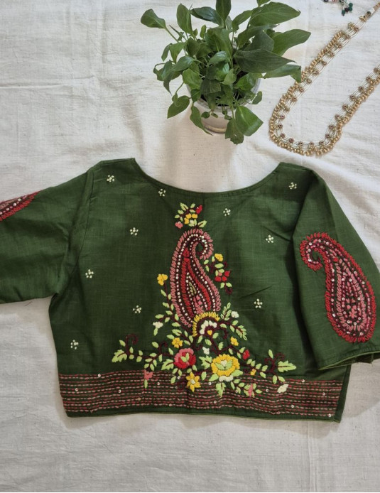 Hand Embroidery Paisley (Koyri) Pattern Handloom Cotton Blouse Green