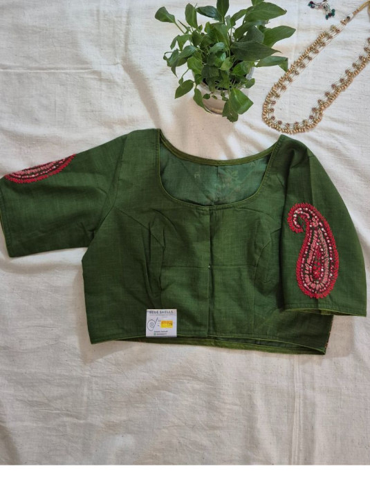Hand Embroidery Paisley (Koyri) Pattern Handloom Cotton Blouse Green