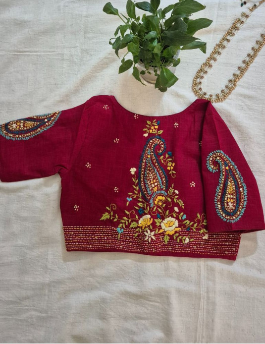 Hand Embroidery Paisley (Koyri) Pattern Handloom Cotton Blouse Maroon