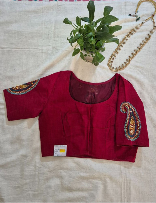 Hand Embroidery Paisley (Koyri) Pattern Handloom Cotton Blouse Maroon