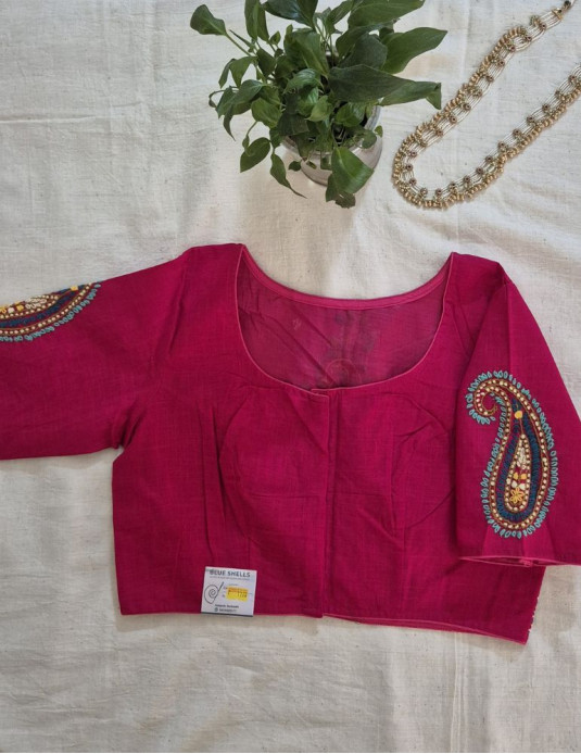 Hand Embroidery Paisley (Koyri) Pattern Handloom Cotton Blouse Pink