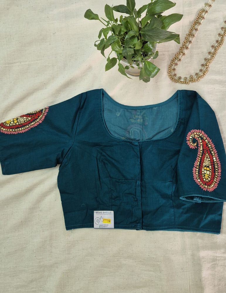 Hand Embroidery Paisley (Koyri) Pattern Handloom Cotton Blouse Till Blue