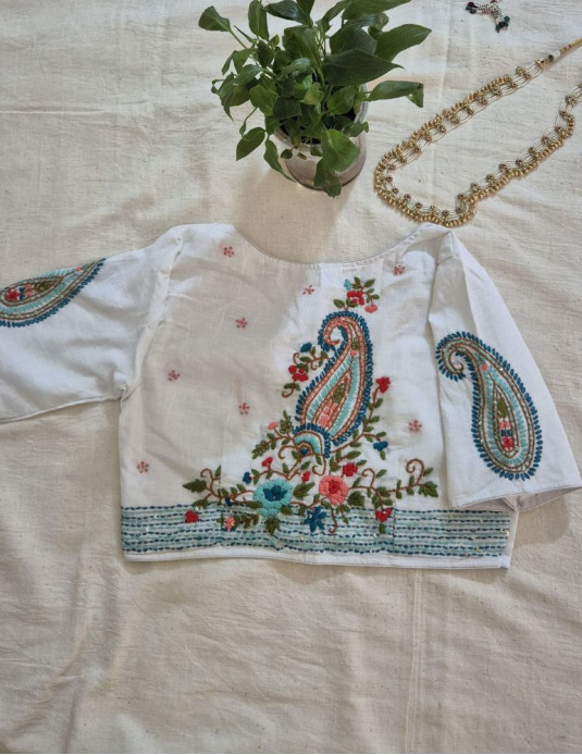 Hand Embroidery Paisley (Koyri) Pattern Handloom Cotton Blouse White