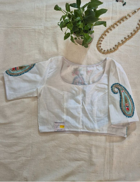 Hand Embroidery Paisley (Koyri) Pattern Handloom Cotton Blouse White