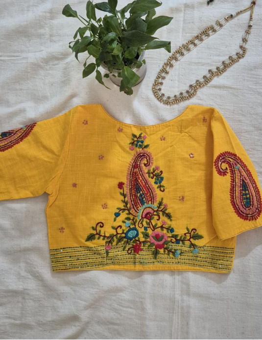Hand Embroidery Paisley (Koyri) Pattern Handloom Cotton Blouse Yellow