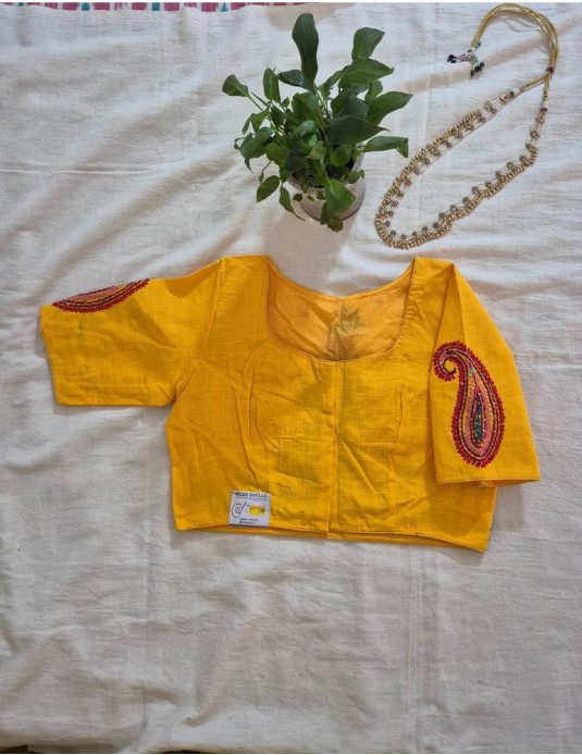 Hand Embroidery Paisley (Koyri) Pattern Handloom Cotton Blouse Yellow