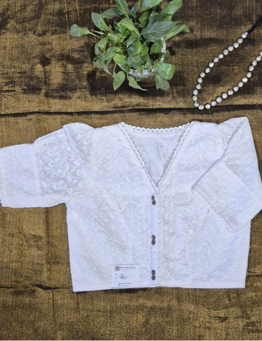 White Hakoba Non-Padded Puff sleeve Flower Vel Print  