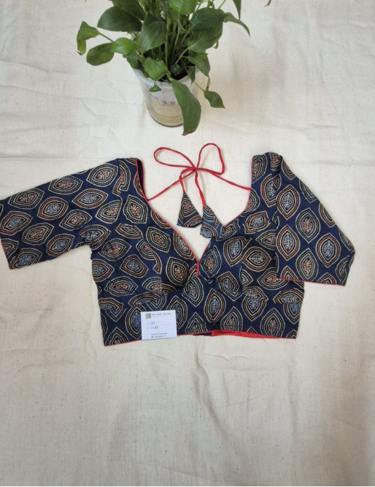 Modal silk ajrakh  padded blouse with sleeves Diamond print Blue