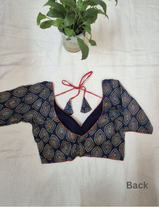 Modal silk ajrakh  padded blouse with sleeves Diamond print Blue