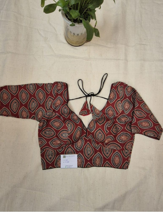 Modal  silk ajrakh padded blouse with sleeves  Diamond print Red
