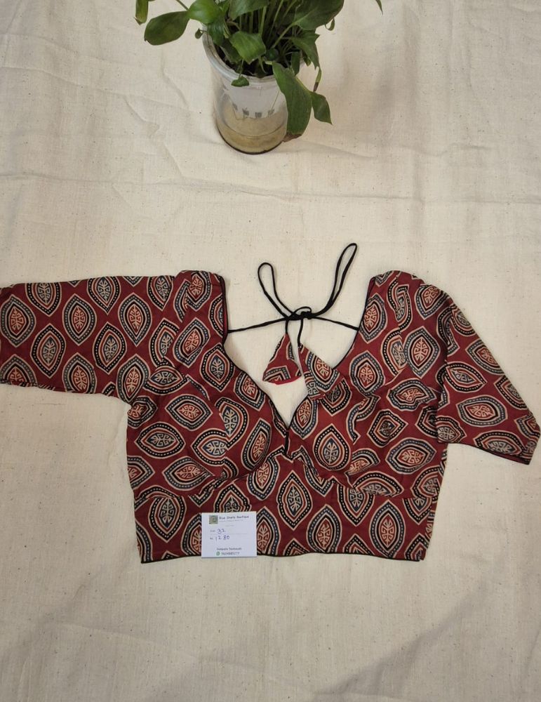 Modal  silk ajrakh padded blouse with sleeves  Diamond print Red
