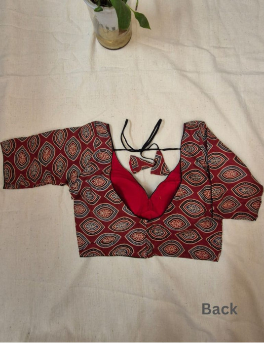 Modal  silk ajrakh padded blouse with sleeves  Diamond print Red