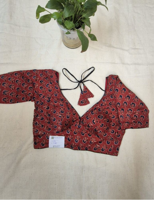 Modal silk ajrakh padded blouse with sleeves Flower print Red
