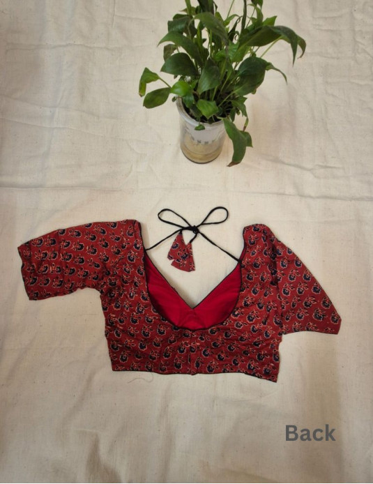 Modal silk ajrakh padded blouse with sleeves Flower print Red