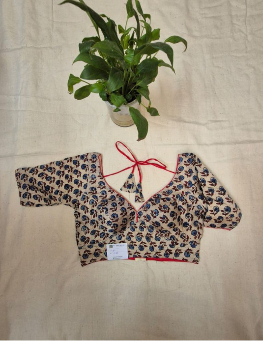 Modal silk ajrakh padded blouse with sleeves Flower Print White