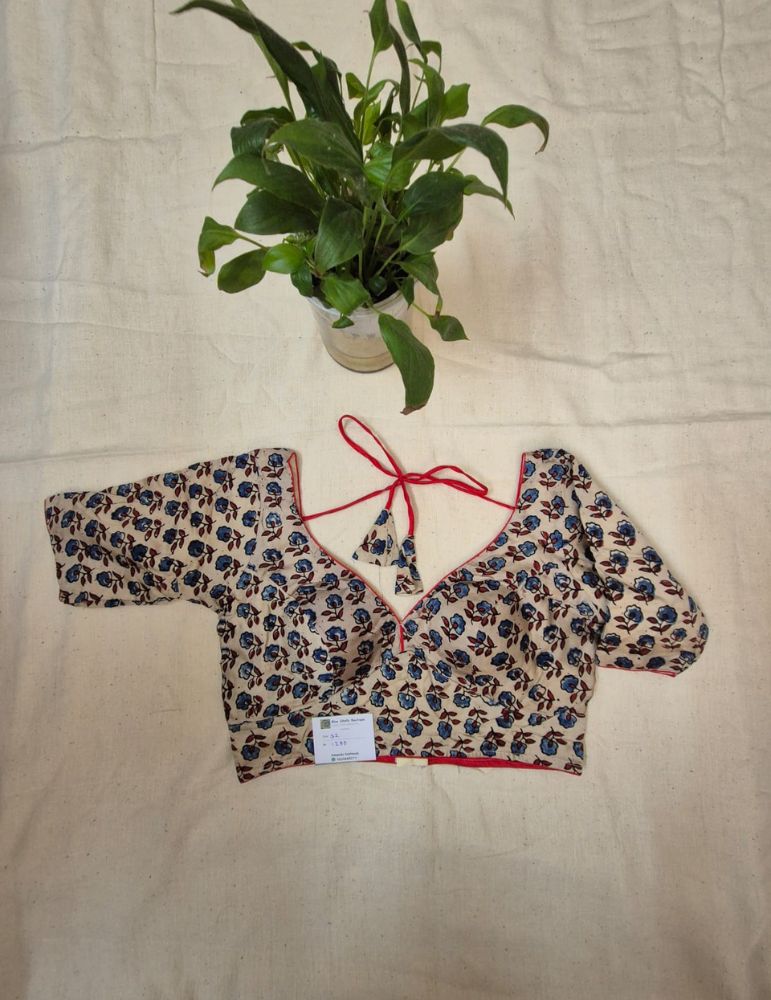 Modal silk ajrakh padded blouse with sleeves Flower Print White