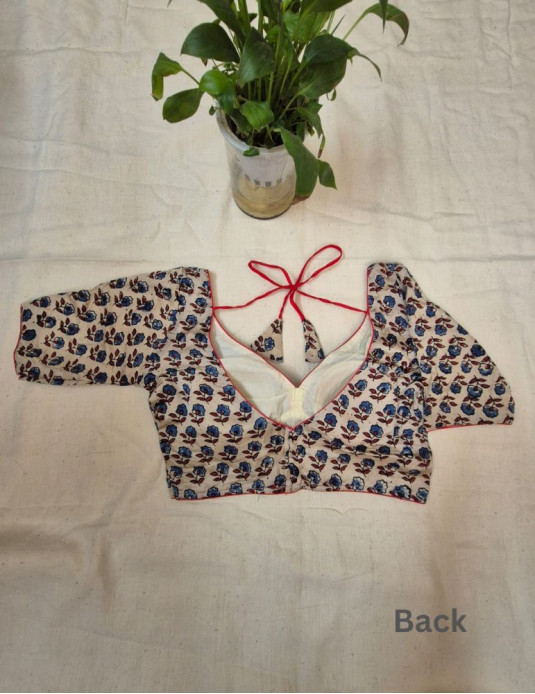 Modal silk ajrakh padded blouse with sleeves Flower Print White