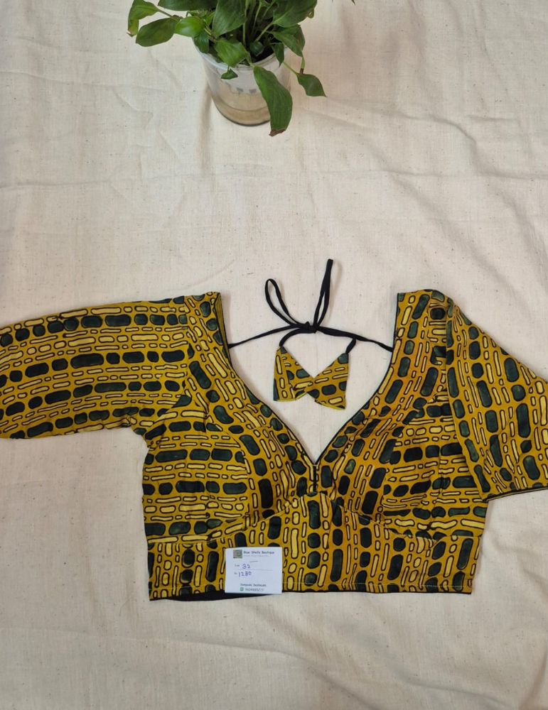 Modal silk ajrakh padded blouse with sleeves  Geometrical  print Yellow