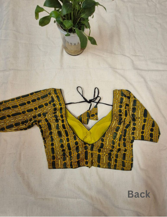 Modal silk ajrakh padded blouse with sleeves  Geometrical  print Yellow