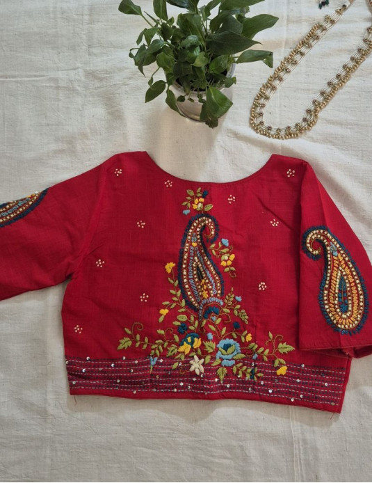 Hand Embroidery Paisley (Koyri) Pattern Handloom Cotton Blouse Red