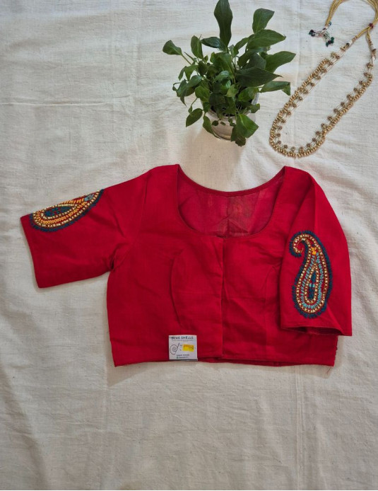 Hand Embroidery Paisley (Koyri) Pattern Handloom Cotton Blouse Red