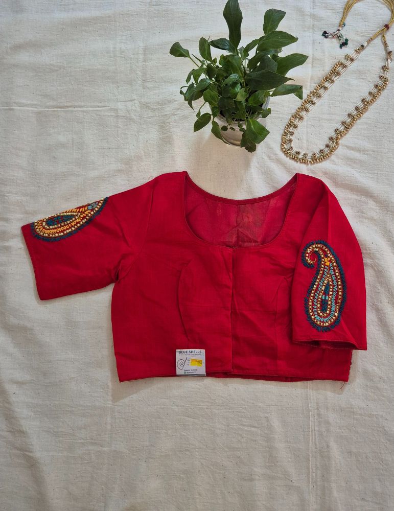 Hand Embroidery Paisley (Koyri) Pattern Handloom Cotton Blouse Red
