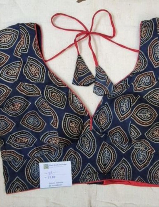 Modal silk ajrakh  padded blouse with sleeves Diamond print Blue