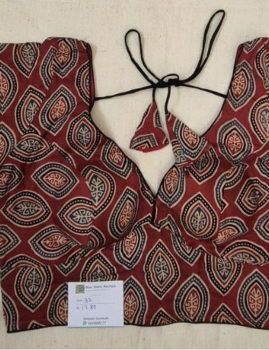 Modal  silk ajrakh padded blouse with sleeves  Diamond print Red