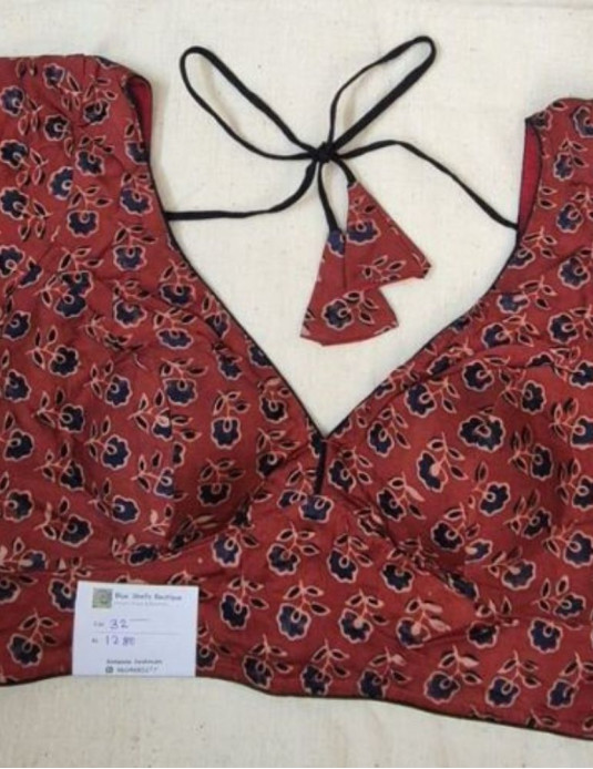 Modal silk ajrakh padded blouse with sleeves Flower print Red
