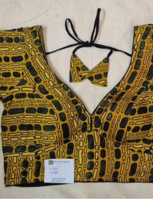 Modal silk ajrakh padded blouse with sleeves  Geometrical  print Yellow